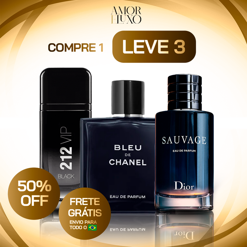 Kit - 3 Perfumes Masculinos Importados (100ml cada) - Sauvage Dior | Bleu de Chanel | 212 VIP Black [PROMOÇÃO MÊS DA INDEPENDÊNCIA]